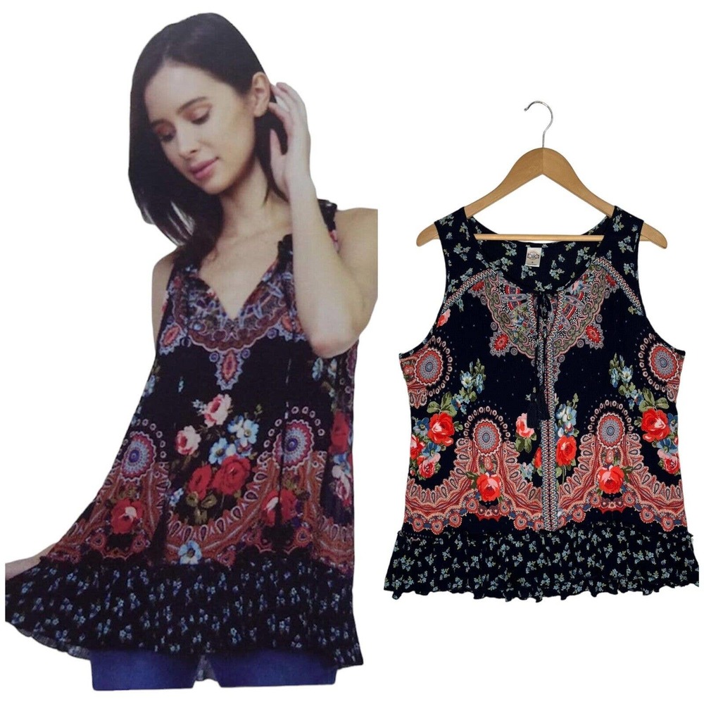 Bila Womens Small Floral Sleeveless V Neck Tank Embroidery Tassel Ruffle Blue
